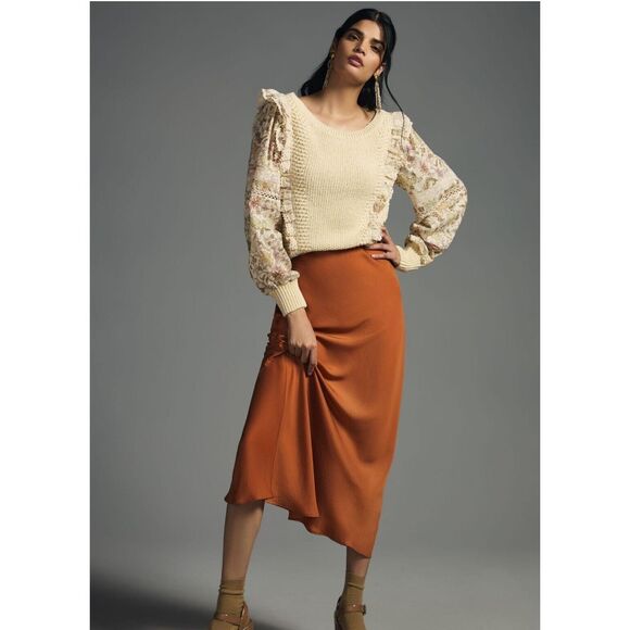 NWT | By Anthropologie Printed-Sleeve Ruffle Sweater Size Large - Picture 2 of 9